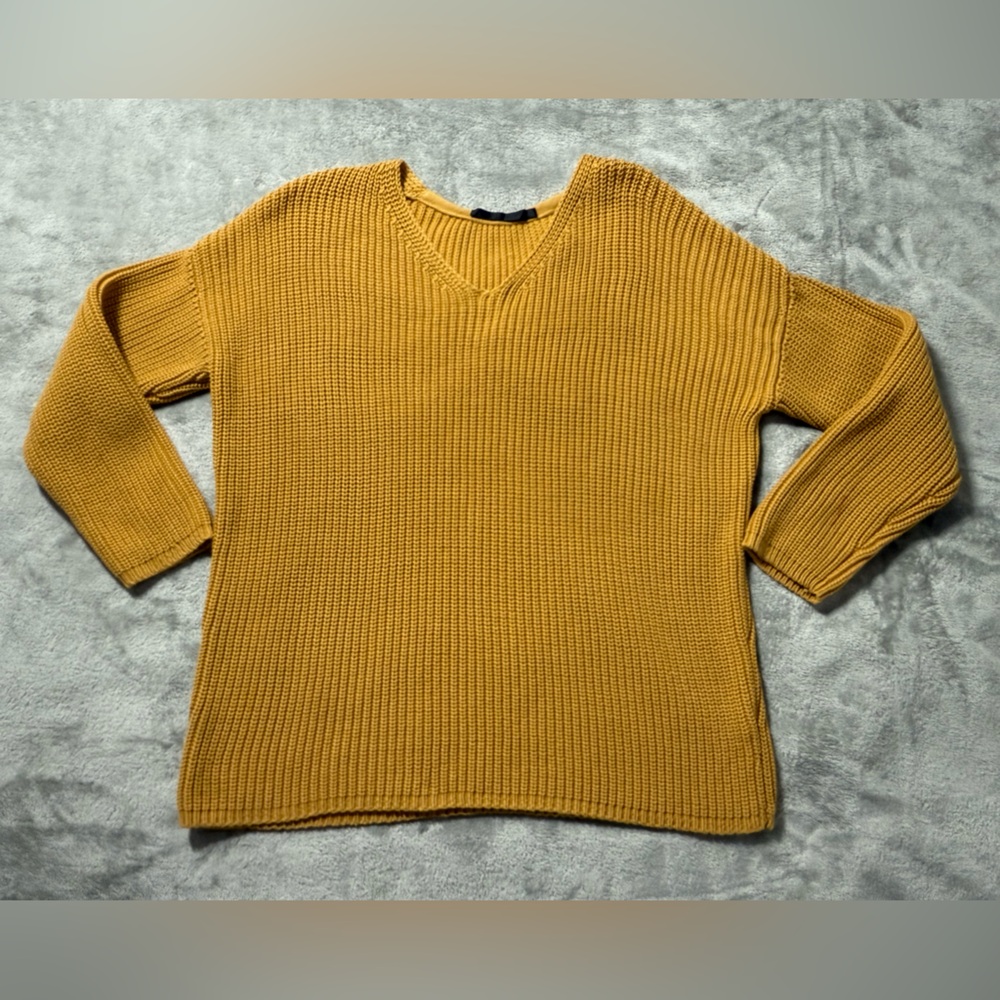 Jenni Kayne Cotton Cabin V Neck Knit Womens XL Mustard Yellow Quiet Luxury